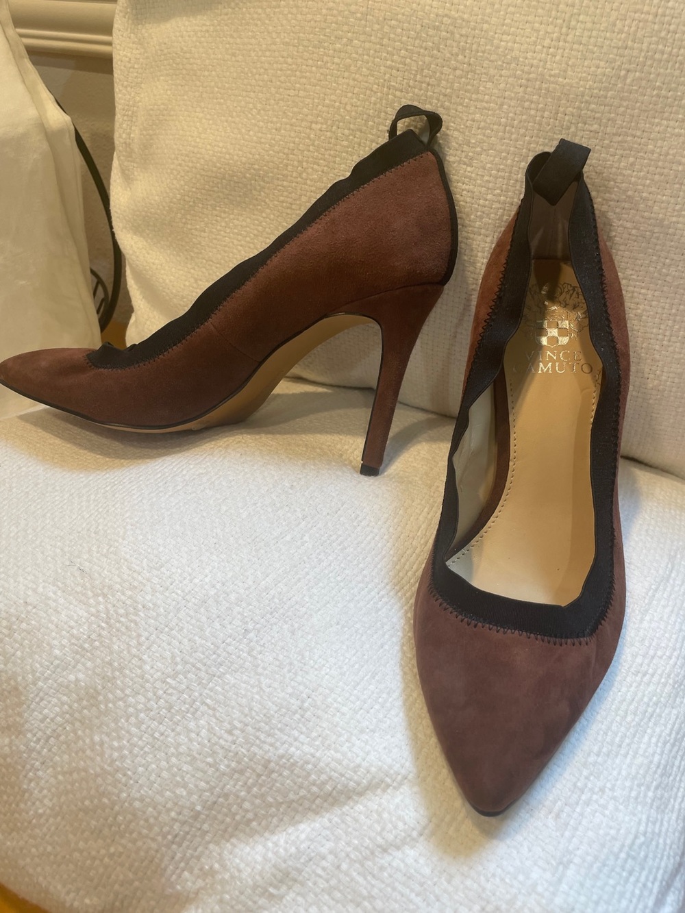 Vince Camuto Brown Suede Pointed Toe Pumps with Black Trim